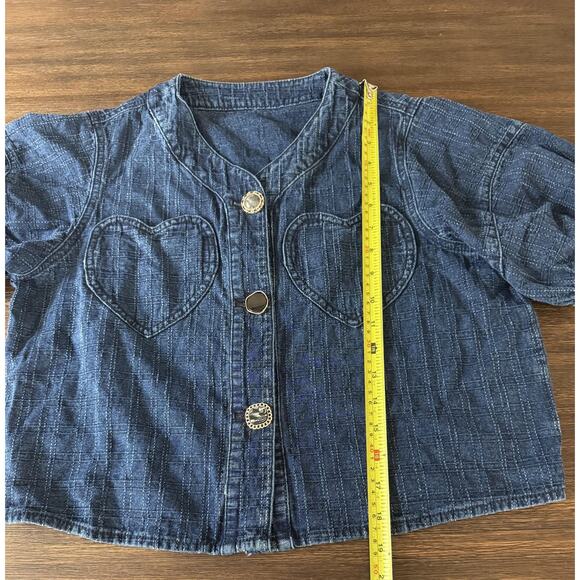 Cropped Jacket Womens Small Puff Sleeve Blue Denim Buttons Heart Pockets KUOSE - Picture 10 of 16